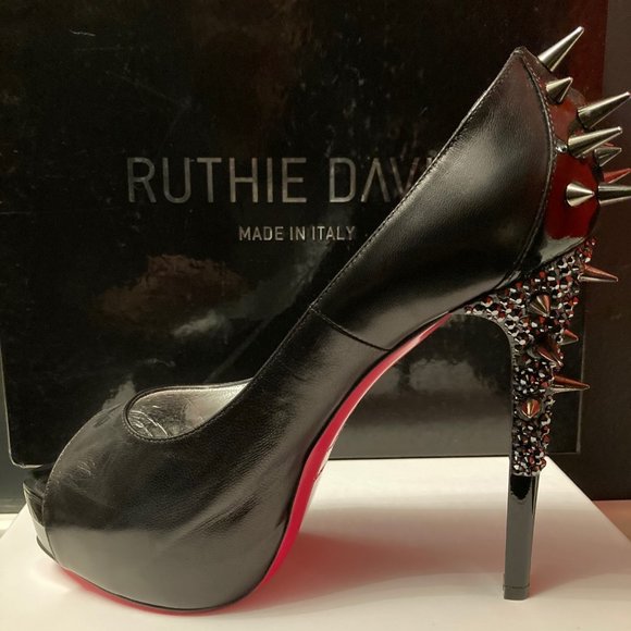 RUTHIE DAVIS Black Spikette Platform Peep-Toe Swarovski Detail Heel, sz 38 - Picture 2 of 7